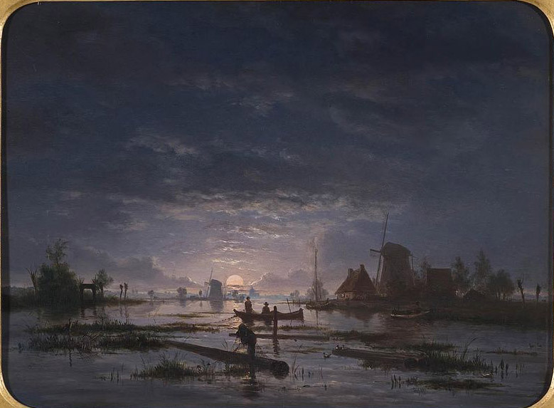 An Extensive River Scene with Fishermen at Night